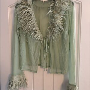 Sheer Green Feather Trim Cardigan